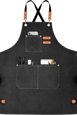 Chef Apron for Men Women Canvas Aprons with 3 Pockets Cross Back Resistant Work Apron for Cooking