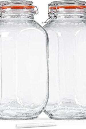 1 Gallon Square Glass Storage Jars with Airtight Lids, 2 Pack Large Glass Pickle Jars for Fermenting, Clear Glass Canister for Flour, Cookie, Candy, Kombucha, Sun tea(Extra Labels and Gasket)