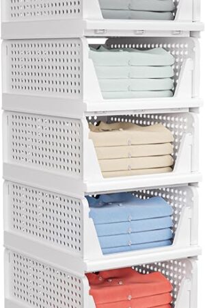 5 Pack Stackable Closet Storage Basket - Stackable Storage Bins, Multifunctional & Foldable Closet Organizer, Wardrobe Cupboard Space-Saving Hat Storage Drawer Organizer, White