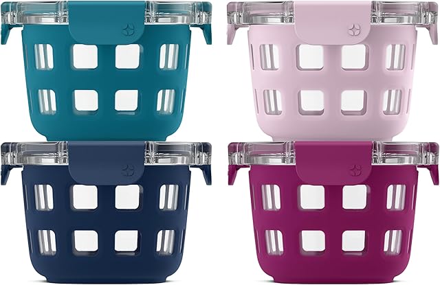 Ello Duraglass 4-Pack 2 Cup Reusable Glass Container Jar with Leak Proof Lids and Protective Silicone Sleeves | Perfect for Overnight Oats, Yogurt | BPA-Free | Dishwasher Safe | Evening Orchard