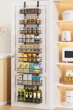 Delamu 9 Tier Over The Door Pantry Organizer, Pantry Organization and Storage, Hanging Spice Rack for Pantry Door Organizer, Metal Pantry Door Shelves for Kitchen Bathroom Laundry Room,15.3" Black
