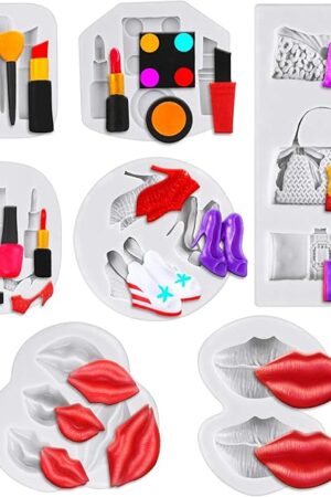 7 Pieces Makeup Theme Silicone Molds for Cake Chocolate Kiss Lipstick Perfume High Heels 3D Fondant Molds for Decorating Resin Handcraft DIY Supplies