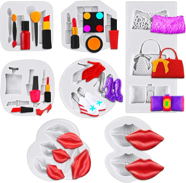 7 Pieces Makeup Theme Silicone Molds for Cake Chocolate Kiss Lipstick Perfume High Heels 3D Fondant Molds for Decorating Resin Handcraft DIY Supplies