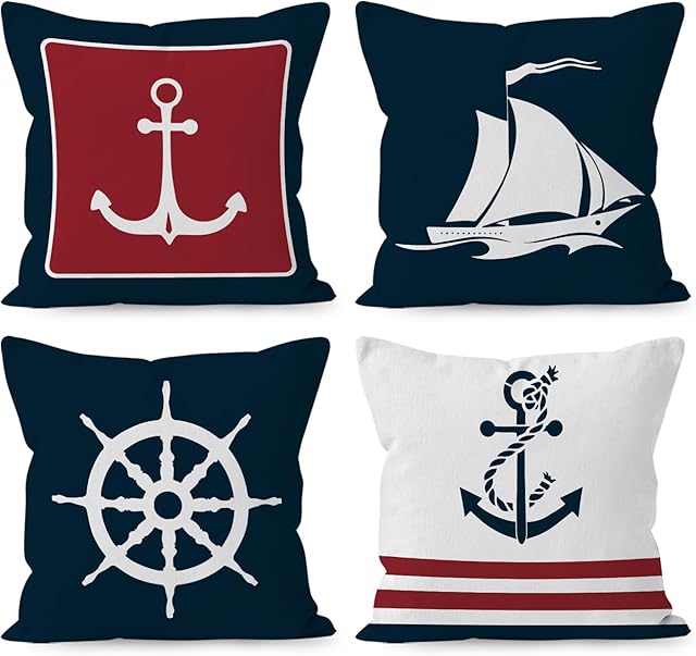 Navy Blue Nautical Ocean Boat Anchor Throw Pillow Covers, Ship Nautical Gifts, Boat Pillow Cases 18 x 18 Inch Home Ship Sofa Decor Set of 4