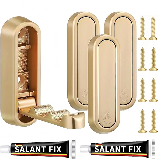 4-Pack Heavy Duty Zinc Alloy Folding Wall Hooks for Bathroom, Kitchen, Entryway, Closet - Space-Saving Design Holds Coats, Towels, Backpacks, Hats, Keys (Gold)