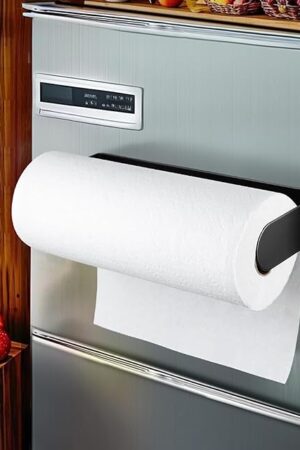 DELITON Magnetic Paper Towel Holder for Fridge - Black Paper Towel Roll Holder Under Cabinet Paper Towel Rack with Strong Magnet, Kitchen, Rv, Grill, Camping