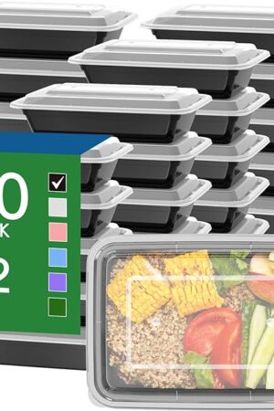 50 Pack (100-Piece) 32 oz Meal Prep Containers Reusable with Easy Open Lids, Sturdy Leakproof Food Safe, Microwave Freezer Dishwasher Safe, To Go Take Out Plastic Food Storage Pans with Lids, Black