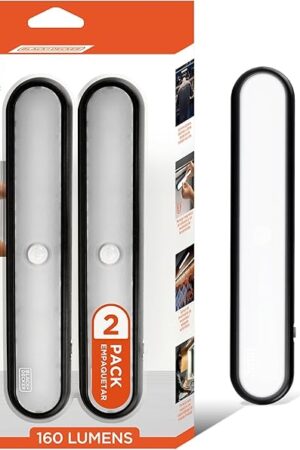 BLACK+DECKER 2-Pack 160LM LED Light Bars, Touchless Motion Sensor, Magnetic Mount, Powered with AAA Batteries, Slim and Portable Design to Brighten Indoor Rooms, Closets, Garages, Shelving (2-Pack)