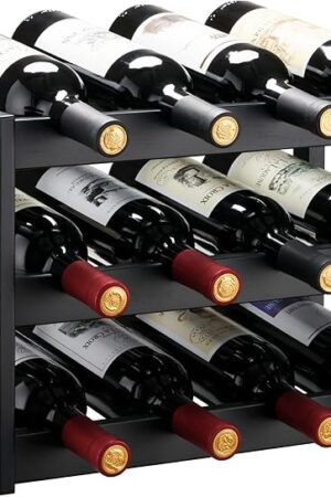 VASMIA Bamboo Wine Rack, Sturdy and Durable Wine Storage Cabinet Shelf, Wine Racks Countertop for Pantry,Kitchen,3-Tier 12 Bottles Wine Rack Black