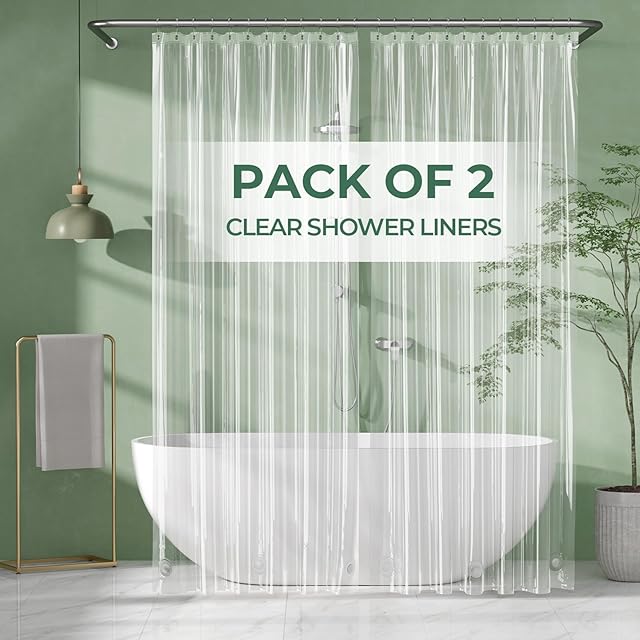 AmazerBath Shower Curtain Liner 2 Pack, 72 x 96 Inches Extra Long PEVA Plastic Shower Liner with 3 Weighted Stones and 12 Rustproof Metal Grommet, Lightweight Waterproof Shower Curtain - Clear