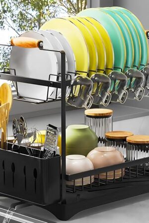 2-Tier Large Dish Drying Rack for Kitchen Counter with Drainboard and Cutlery Holder, 2 Tier Dish Drying Rack, Black,16.54" D x 11.81" W x 17.71" H