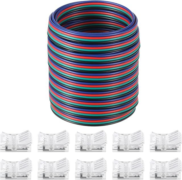 10 Packs Solderless LED Strip Connector Transparent Track Lighting Connectors Wire Strip Lights 16.4 ft Extension Cable Wire Cord for LED Light Speaker Electrical System(Retro Style, 4 Pin, 10 mm)