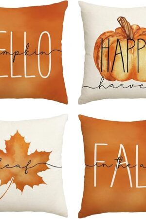 AVOIN colorlife Hello Pumpkin Fall Happy Harvest Maple Leaf Throw Pillow Covers, 18 x 18 Inch Pillows Autumn Seasonal Cushion Case for Sofa Couch Set of 4