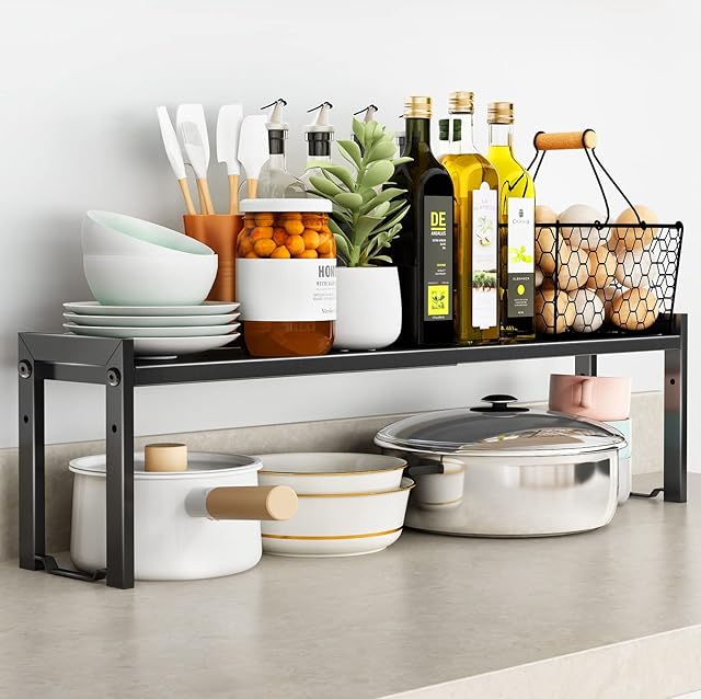Expandable Cabinet Shelf Organizer 16-26" L Stackable Kitchen Counter Shelf Rack Sink Riser Countertop Storage Black (Normal 7.9?D)