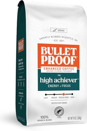 Bulletproof The High Achiever Ground Mushroom Coffee, 10oz, High Caffeine with Lion's Mane, B Vitamins and Adaptogens for Energy & Focus, Medium-Dark Roast