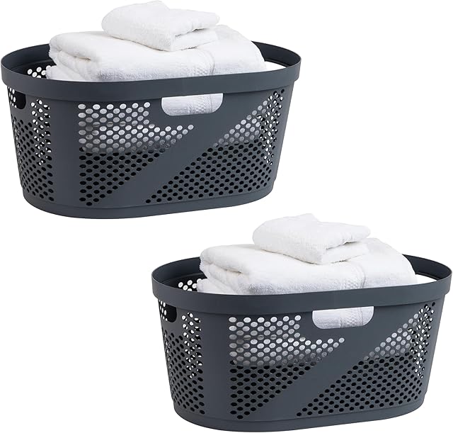 Mind Reader 40L Laundry Basket, Clothes Hamper, Premium Wicker Design, Plastic, 23"L x 14.5"W x 10.5"H, Set of 2, Gray