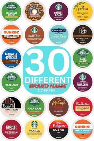 Brand Name Variety Pack Coffee Pods K Cup Sampler — Flavored, Dark, Medium & light Roast. All the Top Brands Including Starbucks, Donut Shop, Dunkin, McCafe, Peets, Green Mountain, Kirkland, Tullys, Gevalia, Maxwell, Cinnabon and Many More—for Keurig Brewers—1 box (30 Unique Pods)