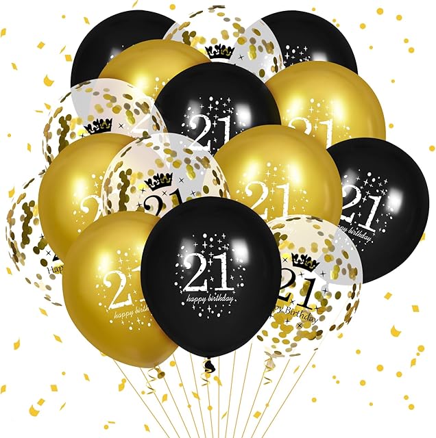 15 Pcs Black Gold Happy 21st Birthday Balloons for Men Women Party Decorations, Black Gold Anniversary Party Supplies