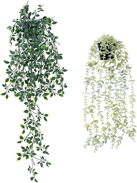 2pcs Fake Hanging Plants for Room Decor, Artificial Potted Plants for Aesthetic Office Living Bedroom Kitchen Patio Bathroom Bookshelf Indoor Outdoor Decor