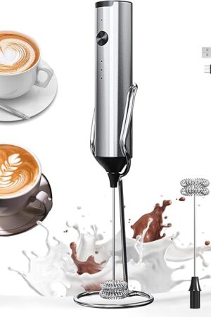 YARRAMATE Rechargeable Milk Frother Wand Handheld With Stand, 3 Speed Adjustable Drink Mixer with 2 Whisks, Stainless Steel Electric Stirrer for Coffee, Lattes, Protein Shakes, Matcha, Egg