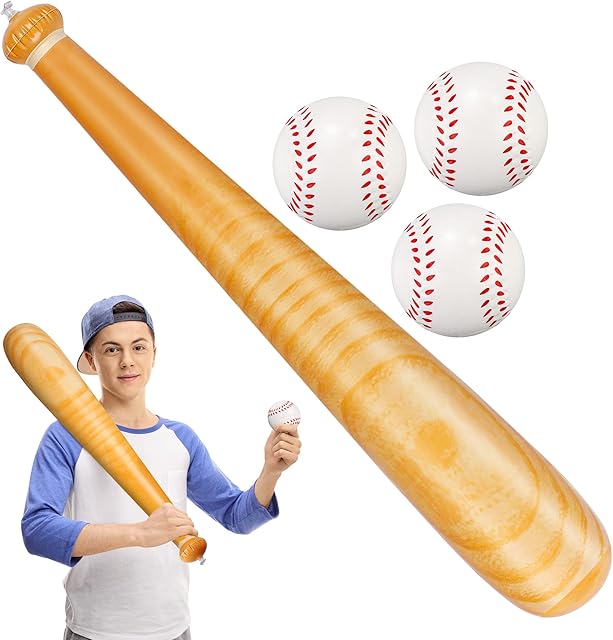 The durony 4 Pieces Inflatable Baseball Set Include 3 Pieces 2.5 Inch Soft PU Foam Baseball 1 Piece 29.5 Inch Baseball Bat Sports Party Favors Baseball Toys for Pool Beach Sports Game Birthday Party