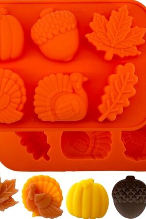 2Pcs Fall Thanksgiving Silicone Mold, 3D Pumpkin Silicone Molds Halloween Autumn Pumpkin Maple Leaf Acorn Turkey Shape Chocolate Candy Mold Cake Pan Baking Soap Candle Resin Molds for Cake Decoration