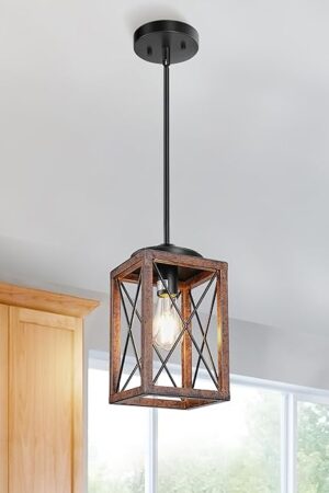 DEWENWILS Farmhouse Pendant Light, Metal Hanging Light Fixture with Wooden Grain Finish, 48 Inch Adjustable Pipes for Flat and Slop Ceiling, Kitchen Island, Bedroom, Dining Hall, E26 Base