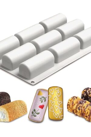 VIKROM 9 Cavities Silicone Roll Mold Log Delicate Chocolate Desserts Twinkie Tea-time Cake Polvoron Candy Pastries Molds White