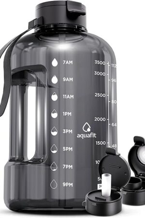 AQUAFIT 1 Gallon Water Bottle with Time Marker & Dual Lids, Gray | Straw & Chug Lid | BPA Free | Gym Water Bottle | 128 oz | Big Gallon Jug
