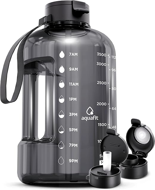 AQUAFIT 1 Gallon Water Bottle with Time Marker & Dual Lids, Gray | Straw & Chug Lid | BPA Free | Gym Water Bottle | 128 oz | Big Gallon Jug