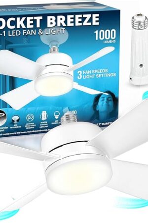 Bell+Howell Socket Breeze Socket Fan Light with Remote, Portable Small Ceiling Fans with Lights for Bedroom, Kitchen, Living Room, Ceiling Fan with Light 3500K, 1000 Lumens, Screws into E26/E27