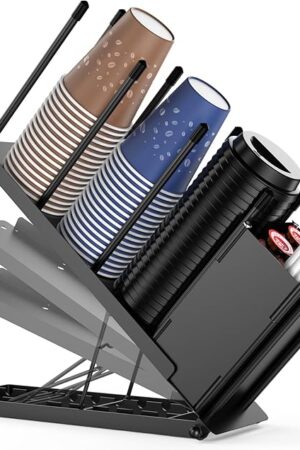 Adjustable Coffee Cup Holder Organizer，Cup and Lid Holder with Storage Basket for Pods and Straws - Perfect for Office, Coffee Stations, and Disposable Cups，Plastic Cups