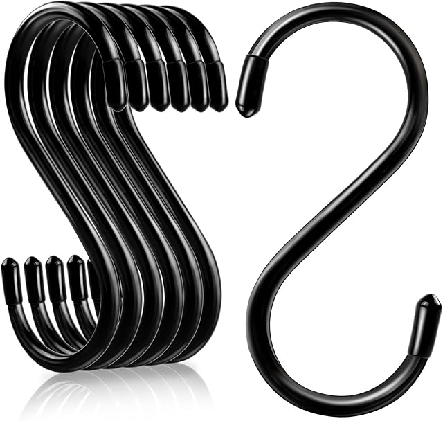 5 Inch S Hooks for Hanging, Vinyl Coated S Hook for Hanging Plants, 6 Pack Heavy Duty S Hooks Sturdy Non Slip Kitchen and Large S Hook for Jeans, Pots, Mugs, Pans, Feeders(Black)