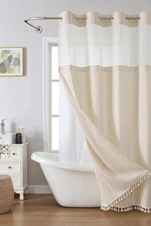 Boho Farmhouse No Hook Shower Curtain Set with Snap-in Fabric Liner,Heavy-Duty Linen Textured Rustic Striped Design,Water-Repellent with Tassels and Sheer Window,Cream/Beige,71x74