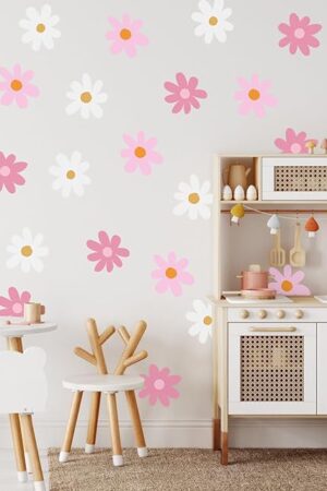 BBTO Daisy Wall Decal Flower Vinyl Wall Floral Decals Peel and Stick Daisy Stickers for Kids Nursery Art Bedroom Living Room(Pink, White)