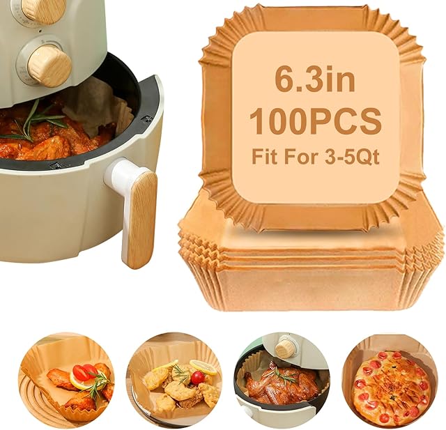 Air Fryer Liners Disposable Paper,100Pcs Airfryer Paper Liners,Non Stick Parchment Paper Liners,Food Grade Air Fryer Accessories for Microwave Oven Steamer 6.3inch Square