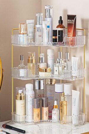 3-Tier Corner Bathroom Counter Organizer – Classic Storage Shelf for Makeup, Perfume & Toiletries, Space-Saving Countertop Tray Fits Bathroom, Dresser, Kitchen (Classic White)