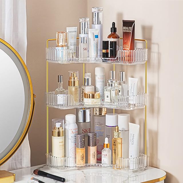 3-Tier Corner Bathroom Counter Organizer – Classic Storage Shelf for Makeup, Perfume & Toiletries, Space-Saving Countertop Tray Fits Bathroom, Dresser, Kitchen (Classic White)