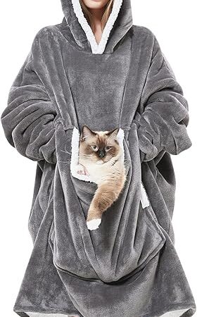 Wearable Blanket Hoodie with Giant Pocket （Pet Won't Leave） Extra Soft Sherpa Fleece Thick Warm ＆ Cozy Oversized Sweatshirt Blanket Jacket with Sleeves-Grey