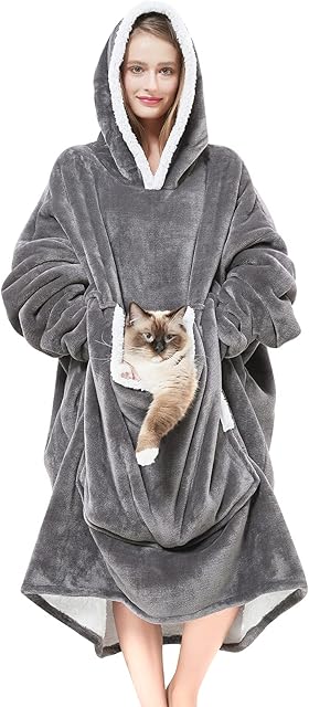 Wearable Blanket Hoodie with Giant Pocket (Pet Won't Leave) Extra Soft Sherpa Fleece Thick Warm & Cozy Oversized Sweatshirt Blanket Jacket with Sleeves-Grey