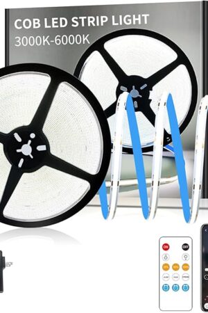 COB LED Strip Lights 50ft,6000K DC 24V Dimmable White Flexible LED Rope Lights for Bedroom,with Remote and app Control LED Lights Strip for Living Room, Shelf, Cabinet