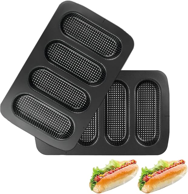 Hot Dog Bun Pan, 2 Pack Perforated Carbon Steel Bread Loaf Pan, Nonstick & Heat Resistant Bread Forms Mini Baguette Baking Tray for Hot Dog Bun Rolls (Black)