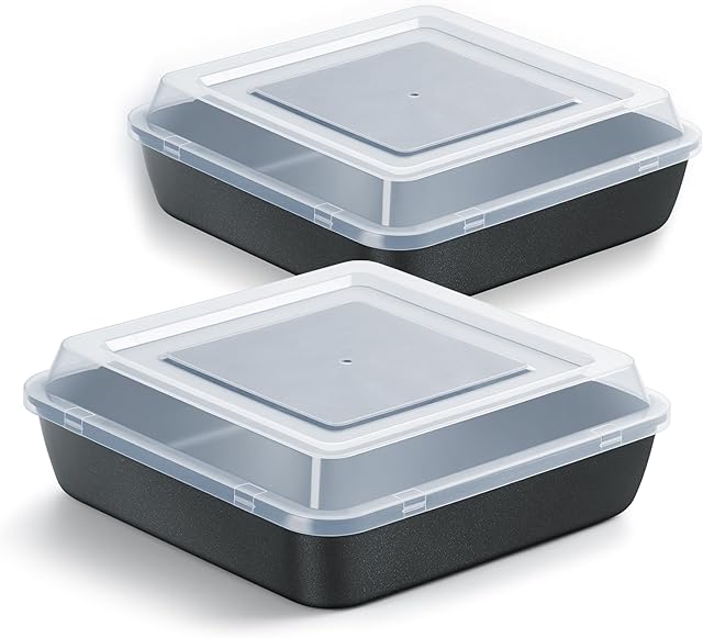 9x9 Inch Square Baking Pan with Lid Set, E-far Nonstick Square Cake Pans Metal Bakeware for Oven Cooking Lasagna Brownies, Stainless Steel Core & Easy Release, 4 Pieces(2 Pans+2 Covers)