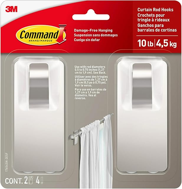 Command Curtain Rod Hooks Satin Nickel 2 Hooks with Adhesive No Drilling