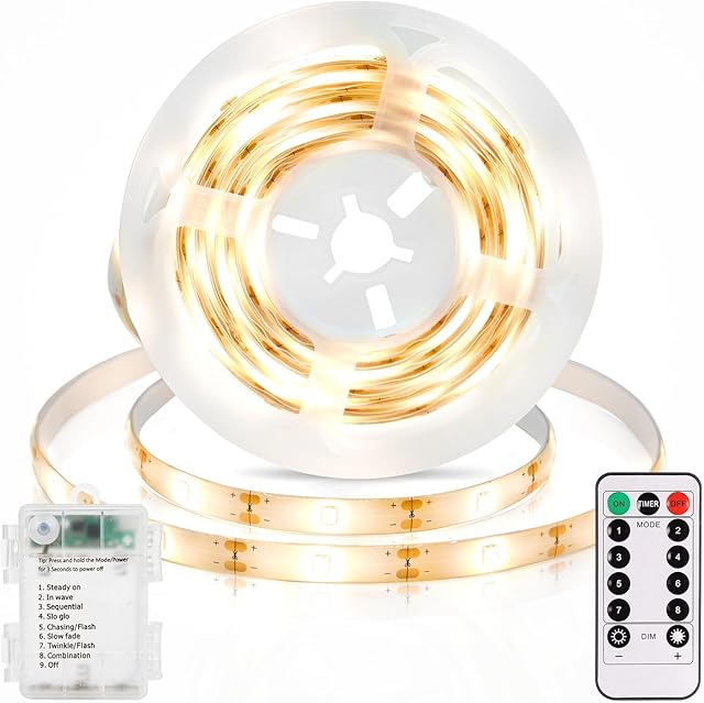 echosari Strip Lights Battery Operated, 3.3FT 2700K Tape Light with Self-Adhesive Timer Dimmable Cuttable Remote Control for Indoor Stairs Cabinets Shelves TV Home Decor (Warm White)