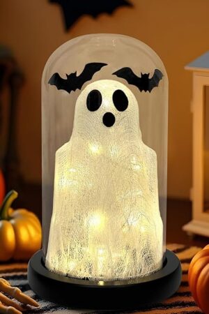 DAZONGE Halloween Decorations Indoor, Lighted Ghost in Glass Dome Cloche, Cute Spooky Halloween Ghost Decor for Tabletop Mantel Display
