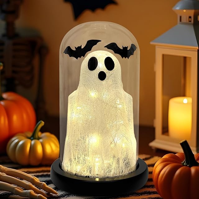 DAZONGE Halloween Decorations Indoor, Lighted Ghost in Glass Dome Cloche, Cute Spooky Halloween Ghost Decor for Tabletop Mantel Display