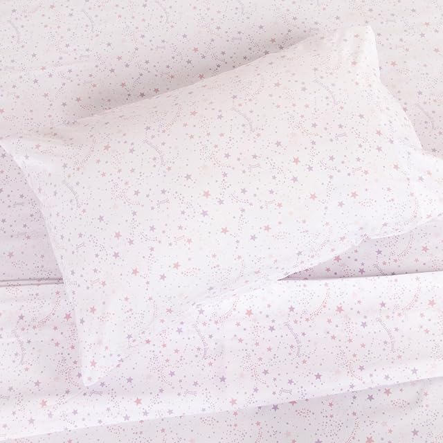 3-Piece Pink & Purple Stardust Bed Sheet Set for Kids & Girls – Twin Flat, Twin Fitted and Queen Pillowcase - Soft and Smooth Brushed Microfiber Polyester
