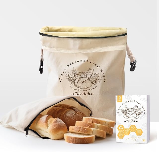 Bread Bags for Homemade Bread - 2 Packs XL Reusable Organic Beeswax Linen Cotton Sourdough Bag, Homesteading Essentials Sourdough Bags with Sealing Zip to Keep Fresh