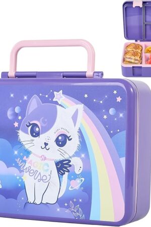 Bento Box for Kids Leakproof Lunch Box Kids Cute Purple Cat Girls Lunch Box with Compartments Kawaii Toddler Bento Box For School Daycare Snack Box Snack Containers
